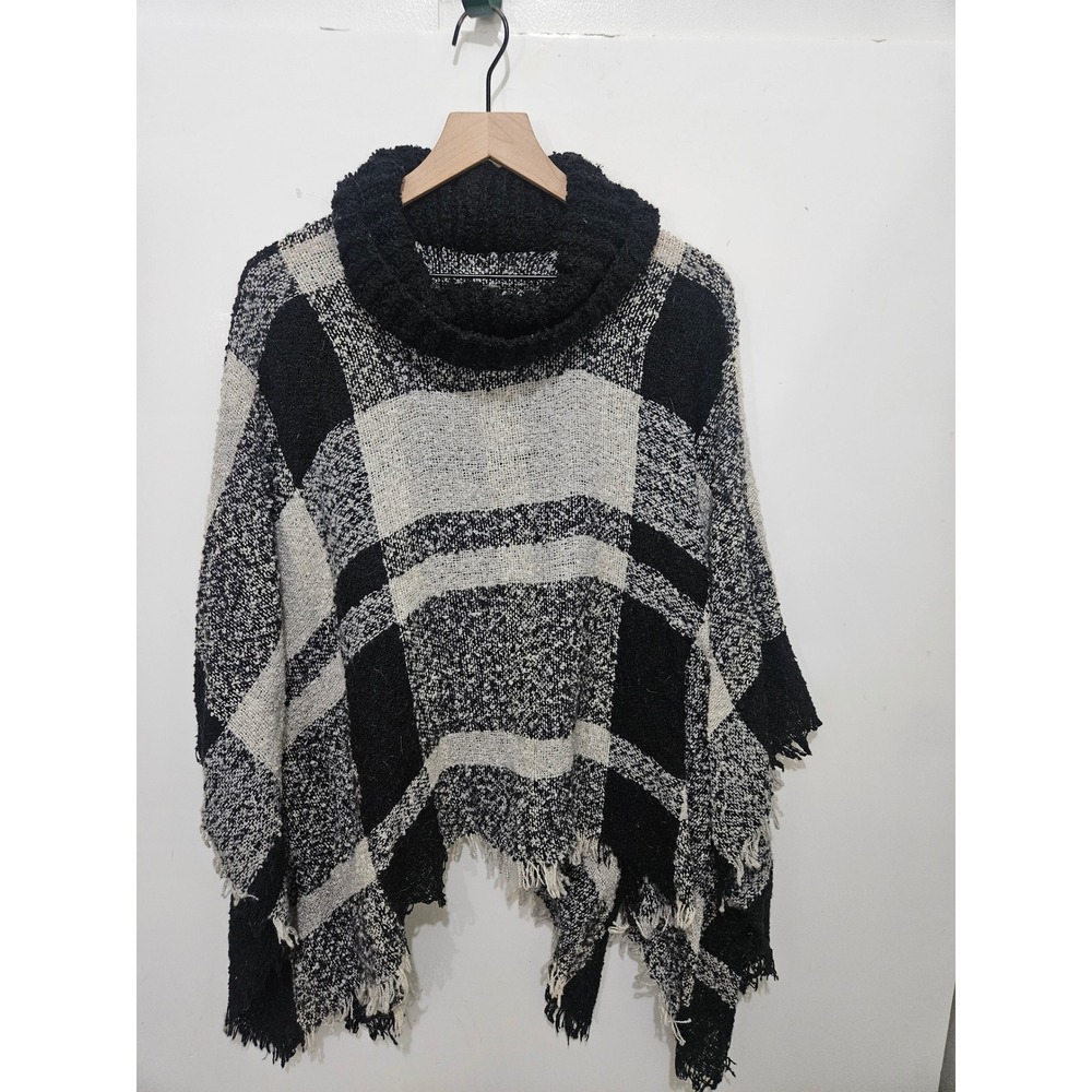 Womens Black White Plaid Cowl Neck Fringe Poncho Wrap Shawl One Size
